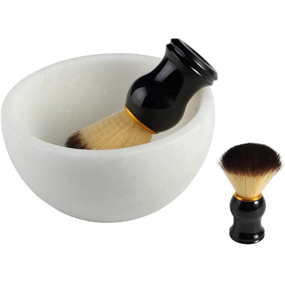 Marble Shaving Bowl Set 5" Handmade- Shaving Cream/Soap Bowl with 2 Brushes